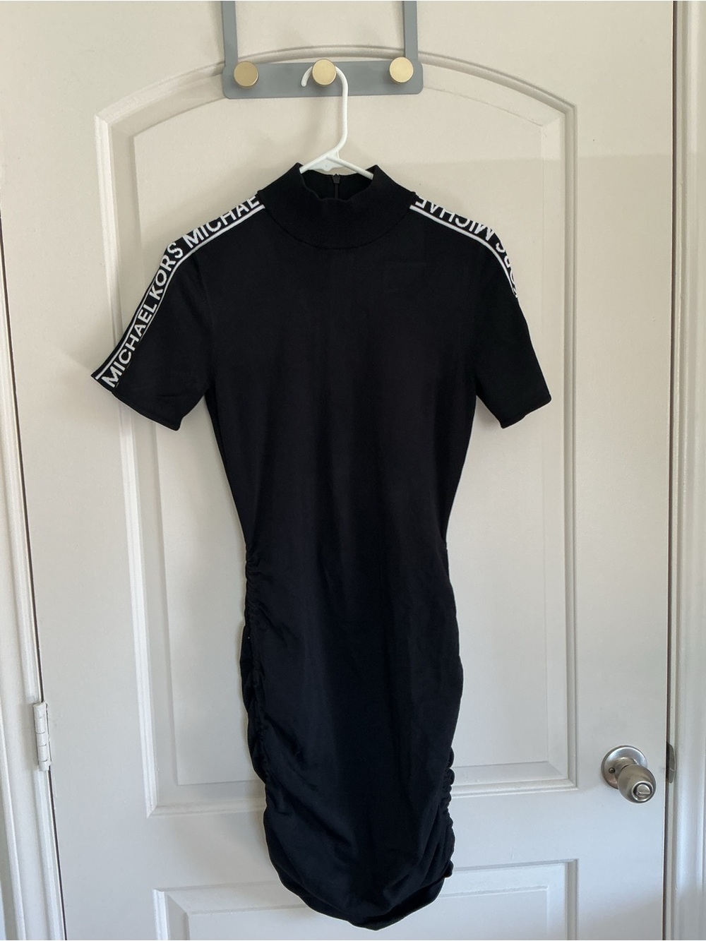 Michael Kors Black Mock-Neck Short-Sleeve Midi Dress with Logo Tape